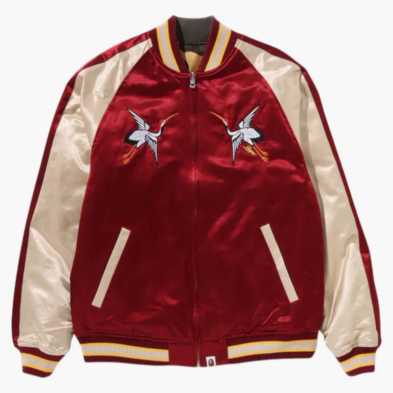 Bape Japanese Crane Embroidery Reversible Souvenir Jacket Red
