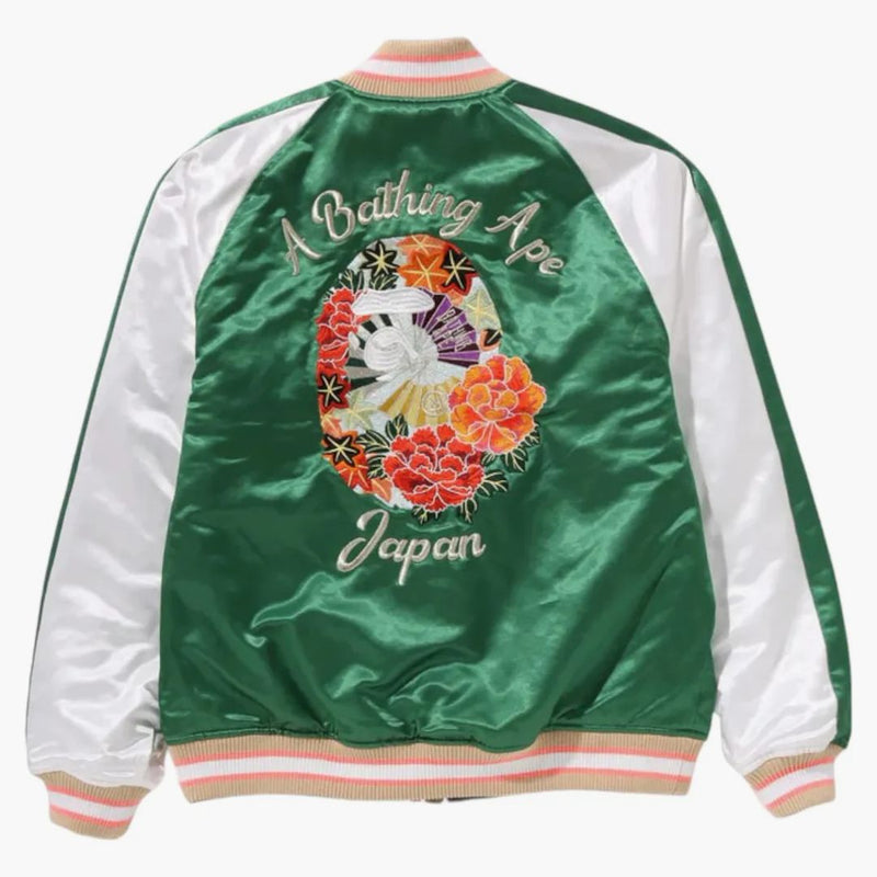 Bape Japanese Peony Embroidery Reversible Souvenir Jacket Green