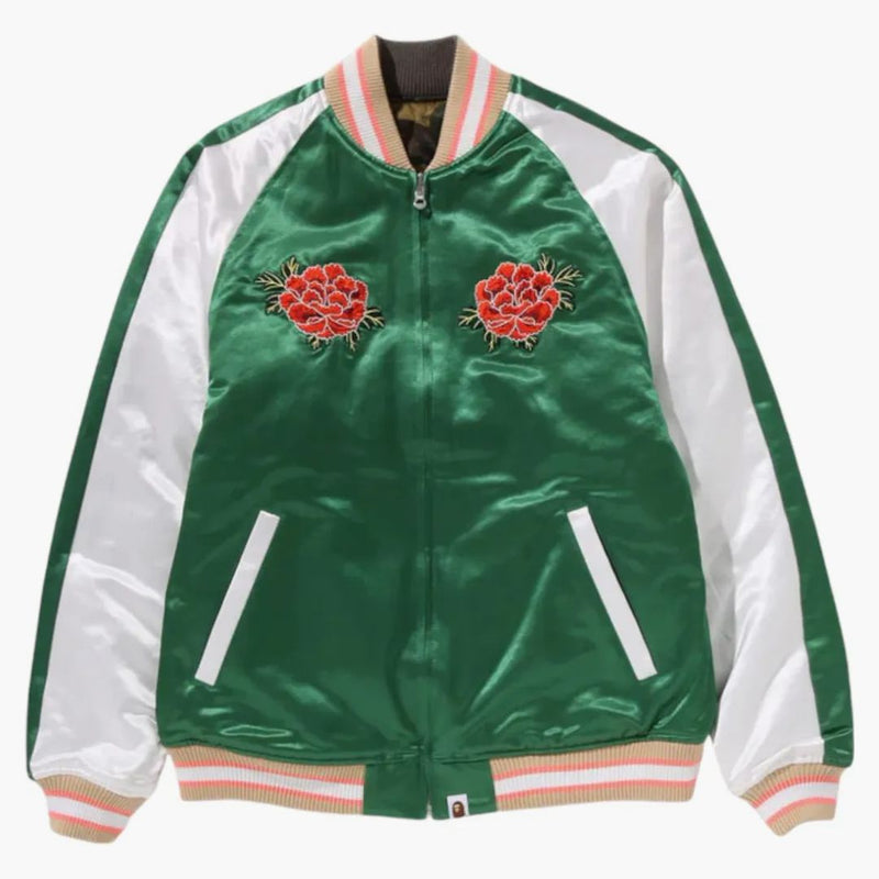 Bape Japanese Peony Embroidery Reversible Souvenir Jacket Green