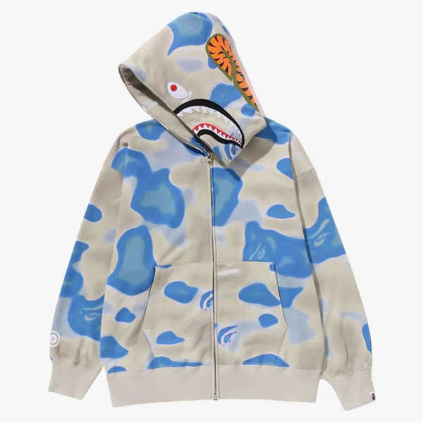 Bape Liquid Camo Shark se uvolnil fit plné zip mikiny modré