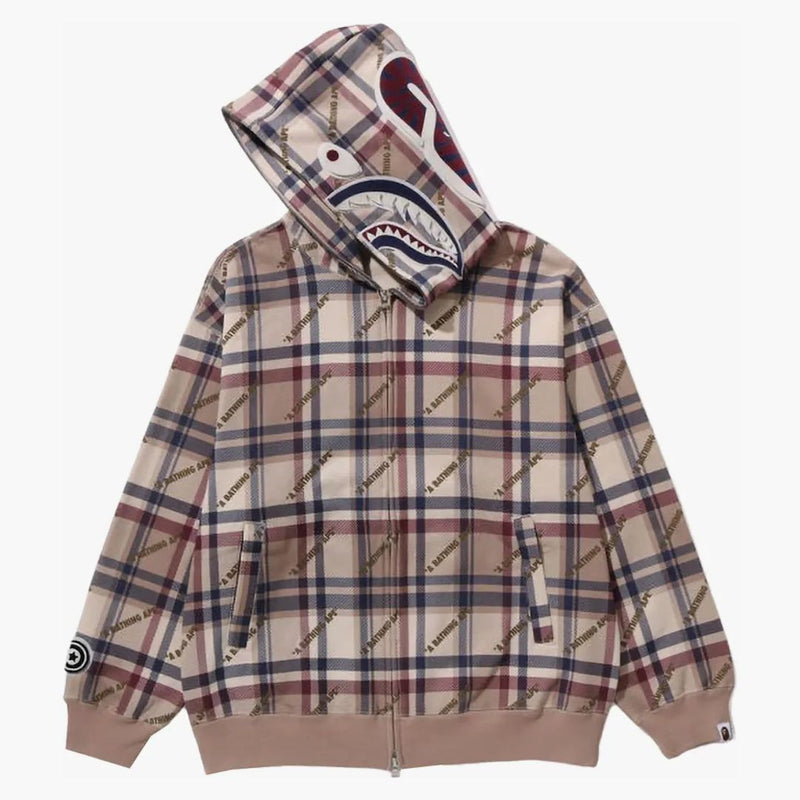 BAPE Logo Check Pattern Shark Full Zip Hoodie Beige