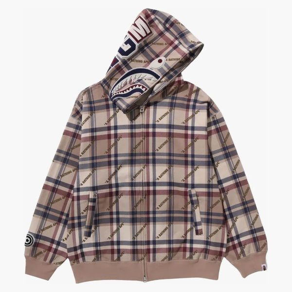 BAPE Logo Check Pattern Shark Full Zip Hoodie Beige