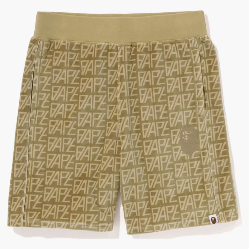 Bape logo monogram velor shorts beige