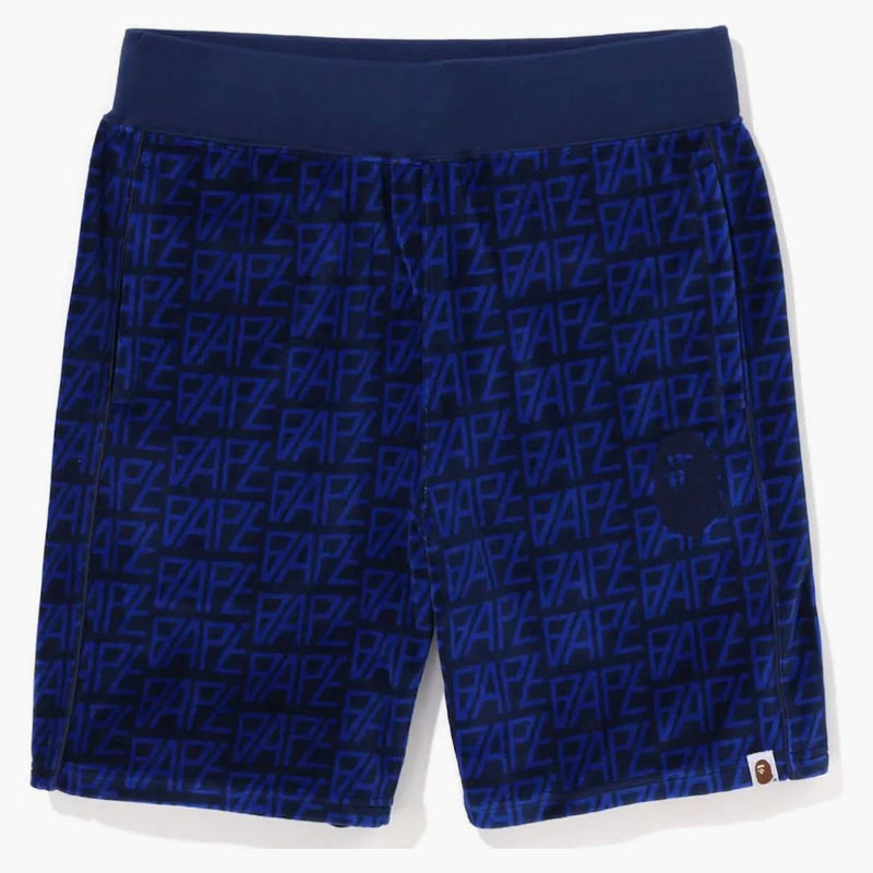 Bape Logo Monogram Velor Shorts Navy