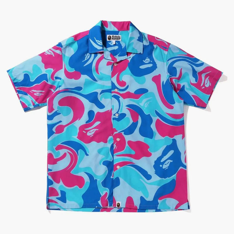BAPE MARBLE CAMO ABRIR COLAR S/S CAMISA AZUL
