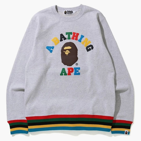 Bape Multi Color Letters College Line Rib Crewneck Gray