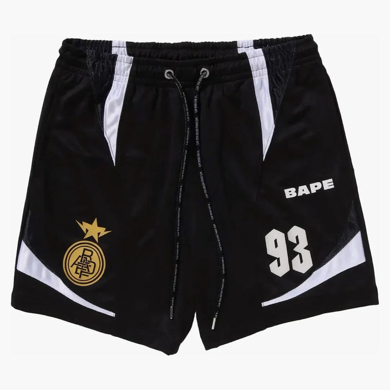 BAPE MULTI LOGO RELAFED FIT FIT SOCCER SHORTS BLACK