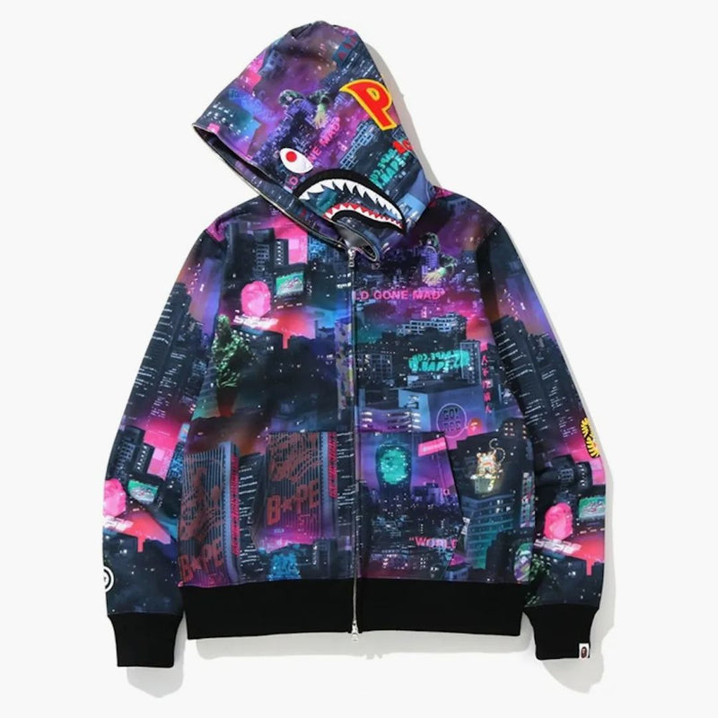 Bape neon tokyo squalo largo con cappuccio zip nero