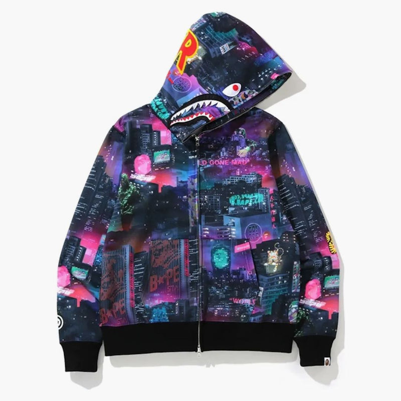 Bape neon tokyo squalo largo con cappuccio zip nero