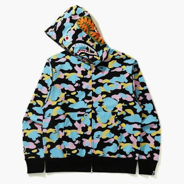 Bape New Multi Camo Shark Relaxed Full Zip Hoodie Black