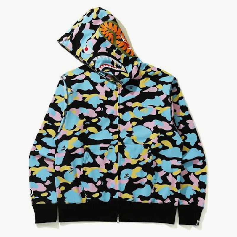 Bape New Multi Camo Shark Relaxed Full Zip Hoodie Black