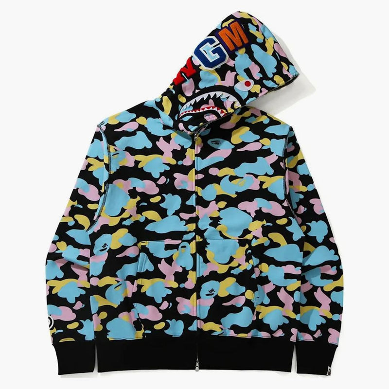 Bape New Multi Camo Shark Relaxed Full Zip Hoodie Black