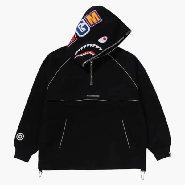 Logo Bape Shark Half Zip Relaxaded Fit Pullver Hoodie Black