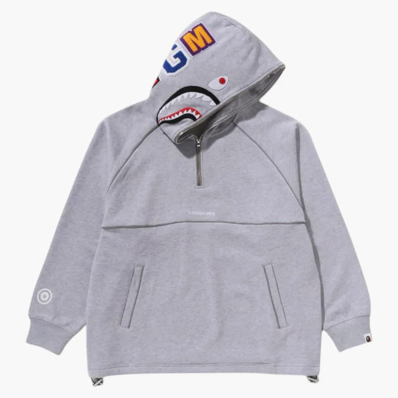 Logo žraloka BAPE Half Zip uvolněná fit pulprover mikina šedá