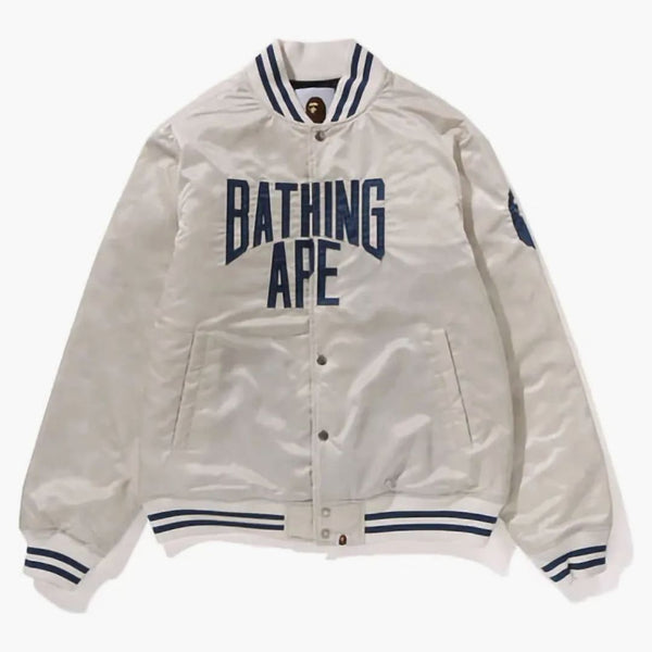 Bape Solid Camo NYC Logo Nylon Versity Jacket Ivory