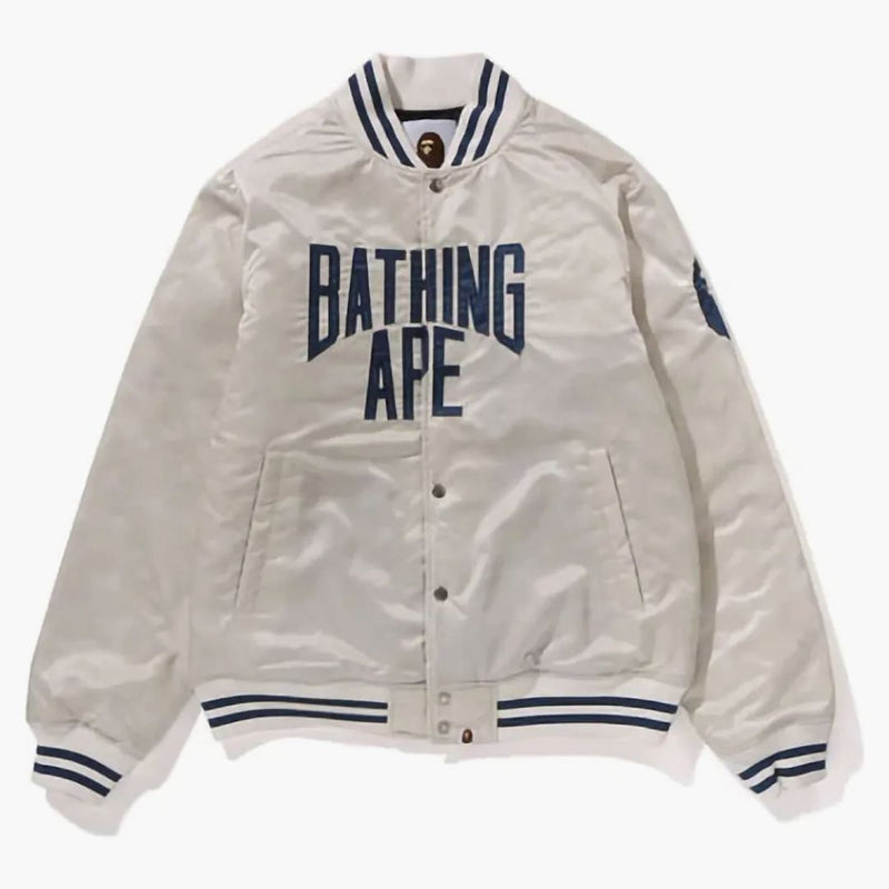 Bape Solid Camo NYC Logo Nylon Versity Jacket Ivory