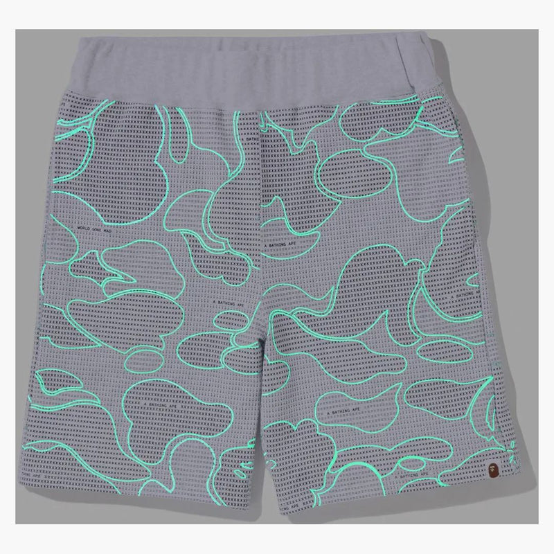 Bape text code camo sweat shorts gray