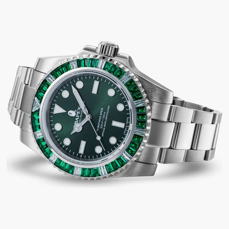 BAPE TYPE 1 BAPEX Crystal Stone Watch Silver/Green
