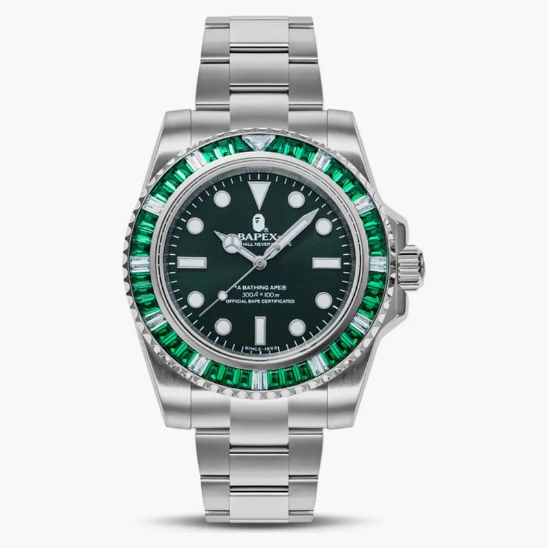 BAPE TYPE 1 BAPEX Crystal Stone Watch Silver/Green