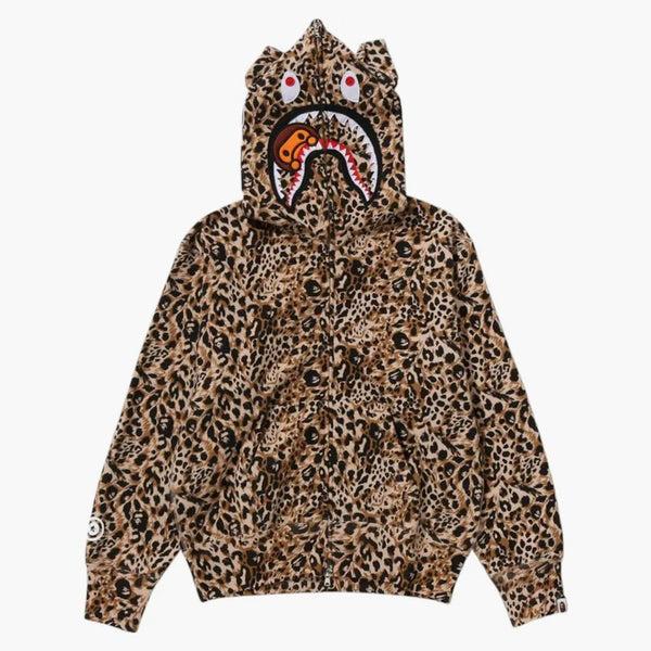 Bape Wild Leopard Pattern Milo Shark Full Zip Hoodie Beige