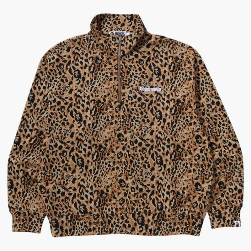 Bape Wild Leopard Pattern Relaxed Fit Half Zip Sweatshirt Beige