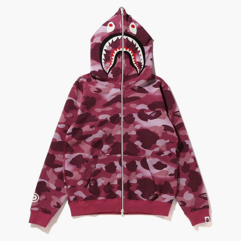 Bape Women's Grid Camo Shark Full Zip Hoodie Burgundy