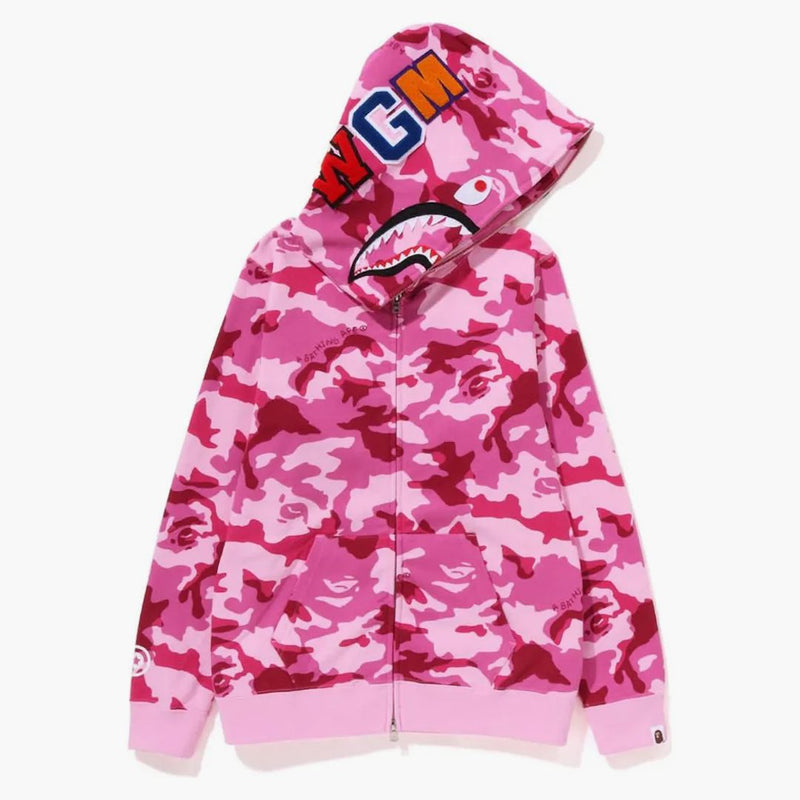Bape Womens Woodland Camo Shark Full Zip Hoodie Pink