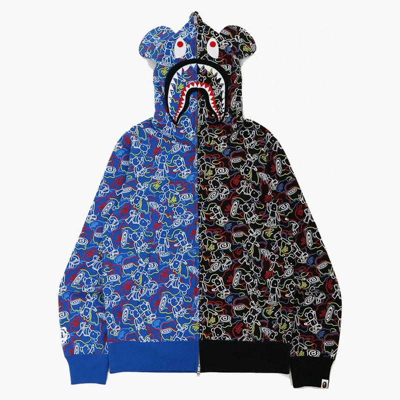 Bape X Medicom Toy Bearbrick Camo Bear Shark Half Full Zip Hoodie Multi