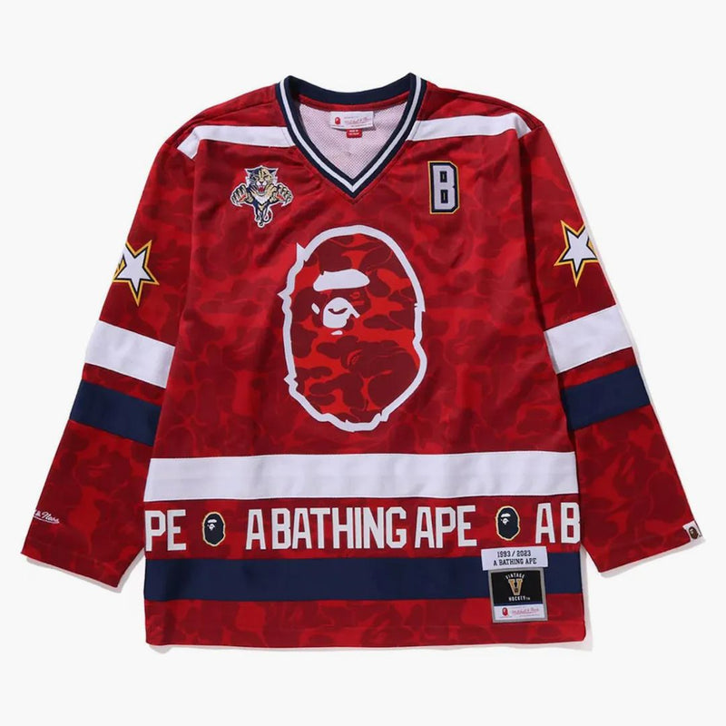 Bape X Mitchell & Ness NHL Florida Panthers Mesh Hockey Jersey L/S Tea Red