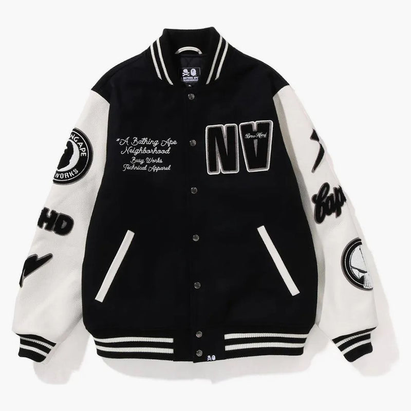 BAPE X Neighborhood Varsity Jacket Black White