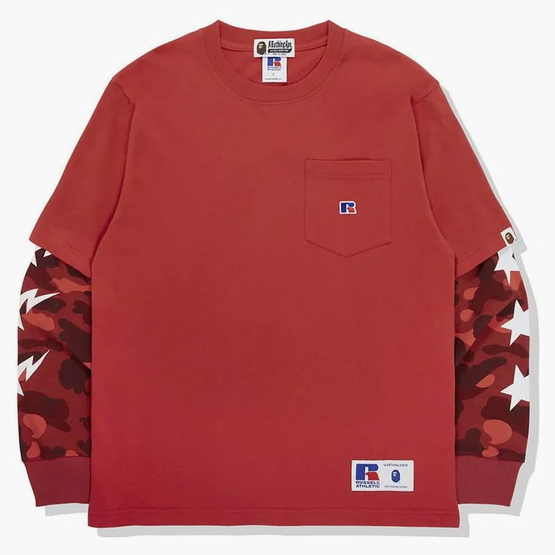 Bape X Russell Color Camo College Layered L/S Tea Red