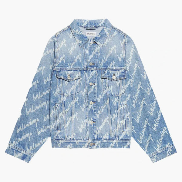Balenciaga All Over Logo Denim Jacket Blue White