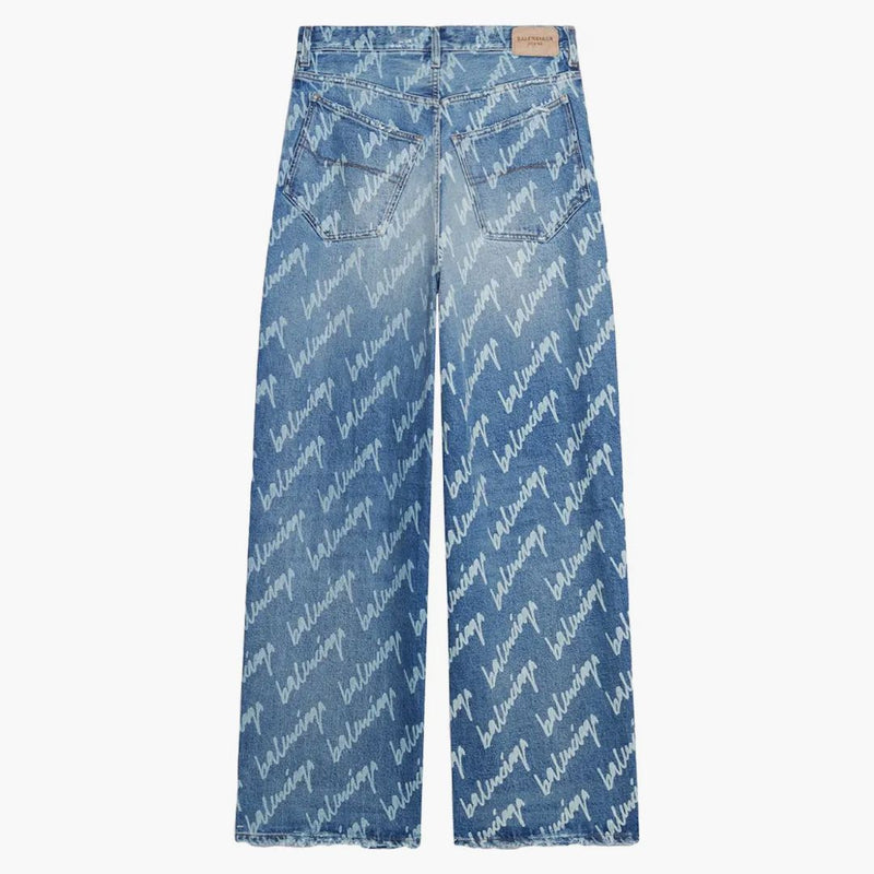 Balenciaga All Over Logo Large Fit Denim Trousers Indigo/White