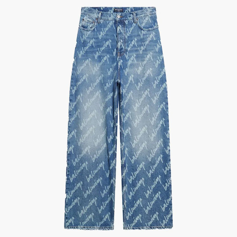 Balenciaga All Over Logo Large Fit Denim Trousers Indigo/White
