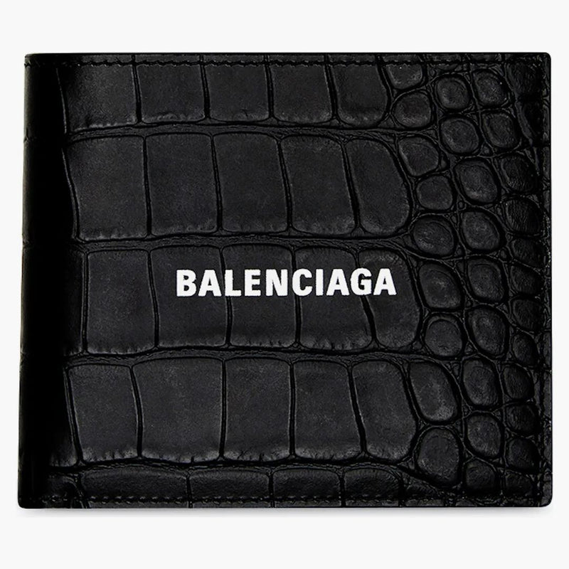 Balenciaga Cash Square Folded Coin Wallet Crocodile Embossed Black