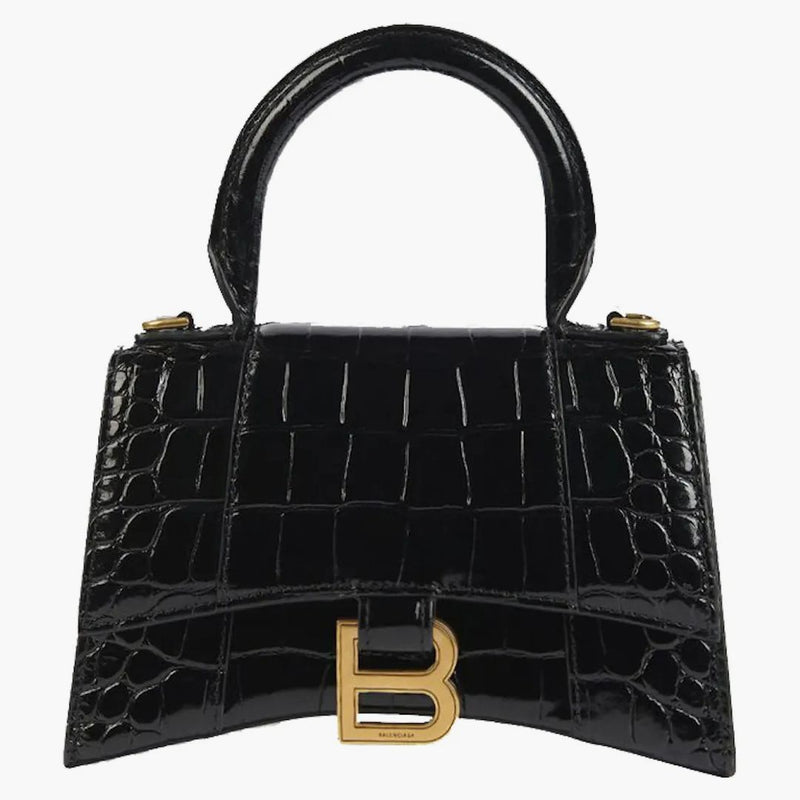 Balenciaga Crocodile Embossed Hourglass Top Handle XS Black