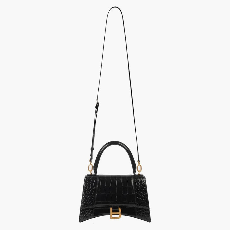 Balenciaga Hourglass Small Top Handle Bag Crocodile Embossed Black