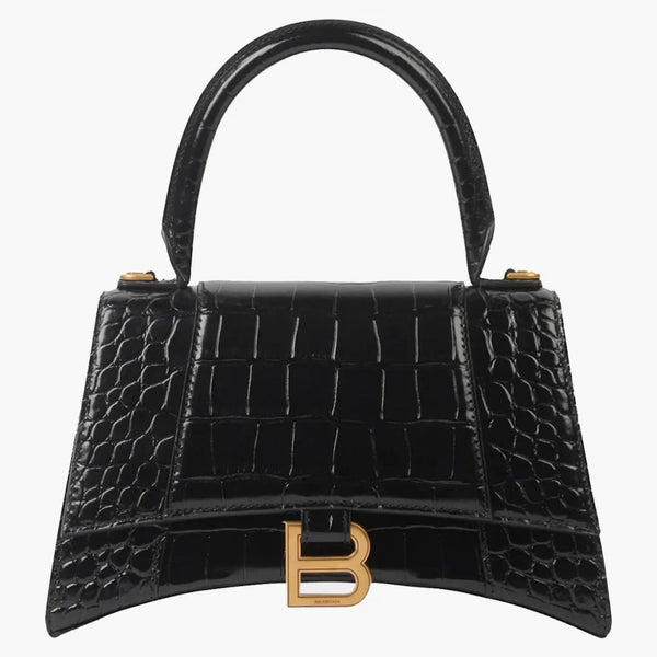 Balenciaga Hourglass Small Top Handle Bag Crocodile Embossed Black