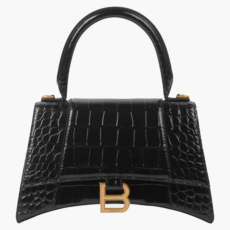 Balenciaga Hourglass Small Top Handle Bag Crocodile Embossed Black