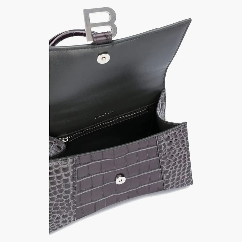 Balenciaga Hourglass Top Handle Bag Small Crocodile Embossed Gray