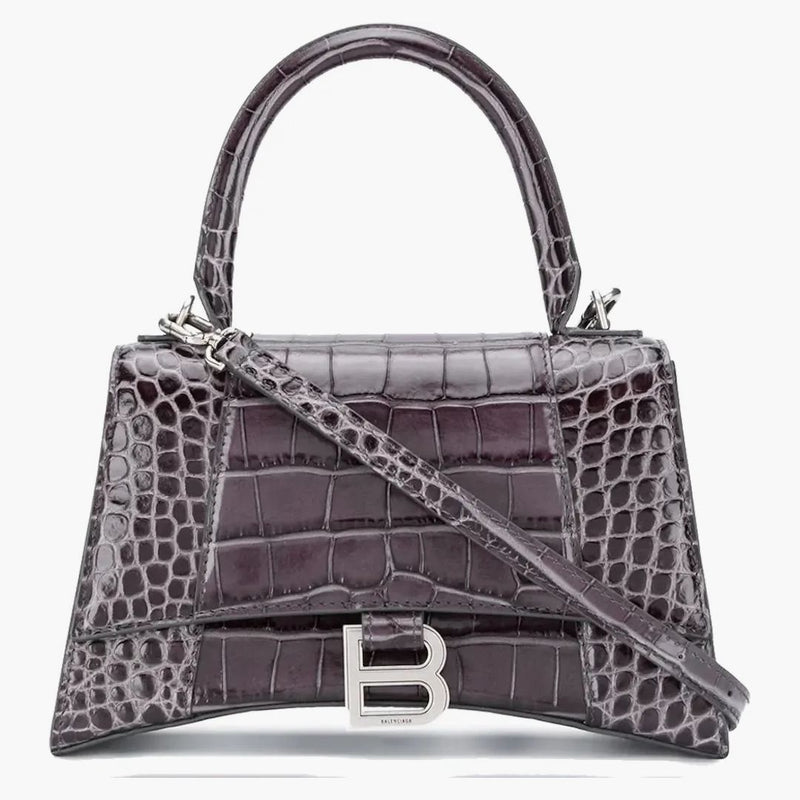Balenciaga Hourglass Top Handle Bag Small Crocodile Embossed Gray