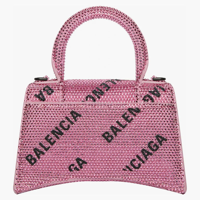 Balenciaga Hourglass XS Handbag with Chain and Allover Logo Rhinestones Pink/Black