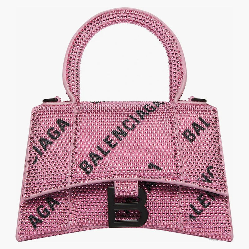 Balenciaga Hourglass XS Handbag with Chain and Allover Logo Rhinestones Pink/Black