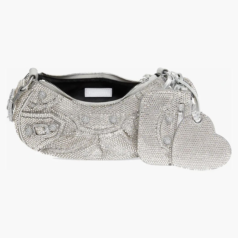 Balenciaga Le Cagole Shoulder Bag XS Gray Suede with Rhinestones