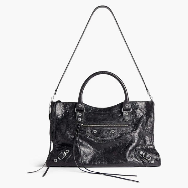 Balenciaga le City Medium Bag in Black Arena Lambskin Shiny Silver Hardware Black (7977862AA9S1000)