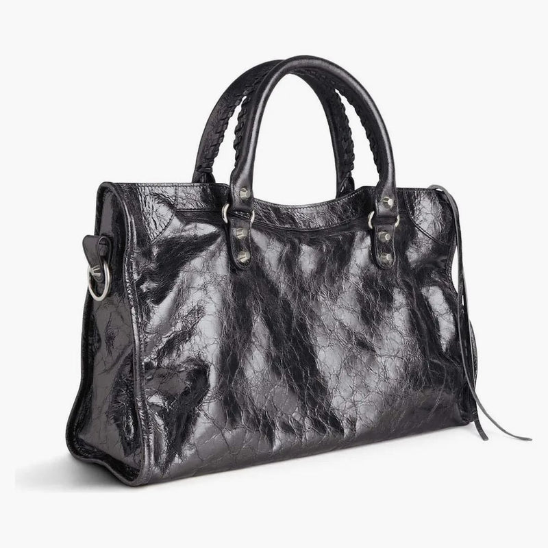 Balenciaga Le City Medium Bag In Steel Grey Metallized Arena Lambskin Shiny Silver Hardware Steel Grey Gray (7977862AA9R1314)