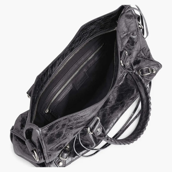 Balenciaga le City Střední taška v ocelové šedé kovové kovové arénové jehněné lesklé stříbrné hardwarové oceli (7977862AA9R1314)