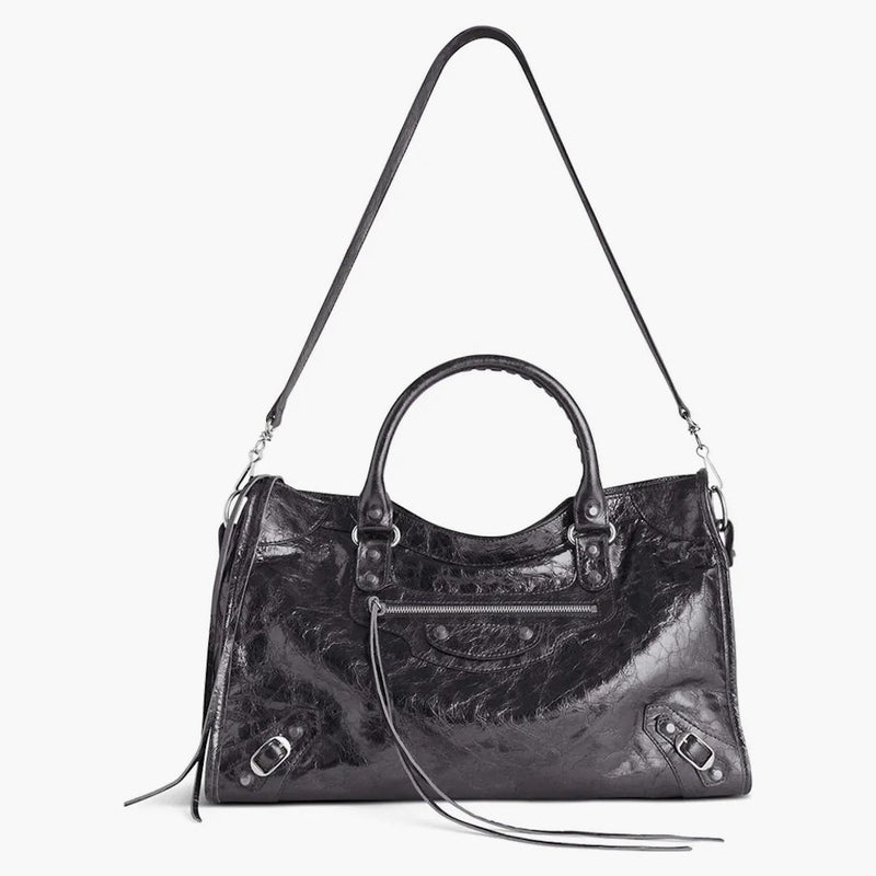 Balenciaga Le City Medium Bag In Steel Grey Metallized Arena Lambskin Shiny Silver Hardware Steel Grey Gray (7977862AA9R1314)