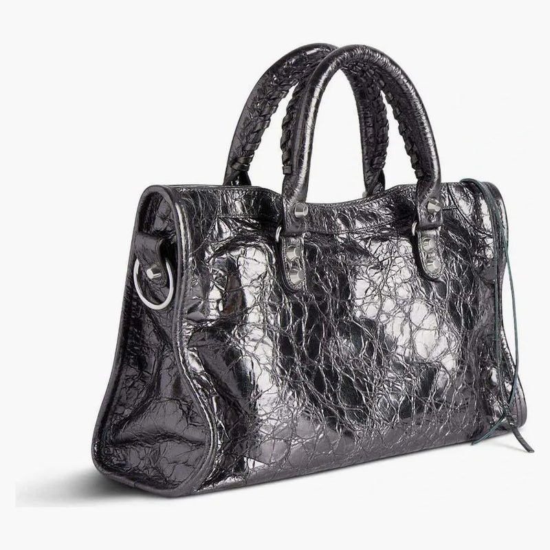 Balenciaga le stad liten påse i stålgrå metalliserad arena lambskin glänsande silver hårdvara stål grå (7977892aa9r1314)