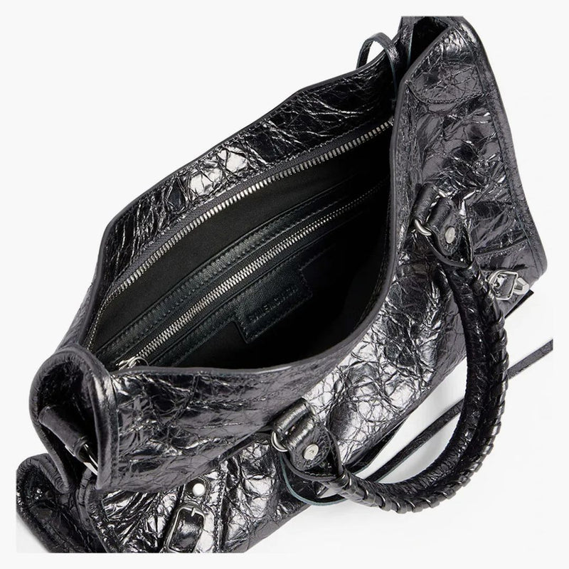 Balenciaga le stad liten påse i stålgrå metalliserad arena lambskin glänsande silver hårdvara stål grå (7977892aa9r1314)